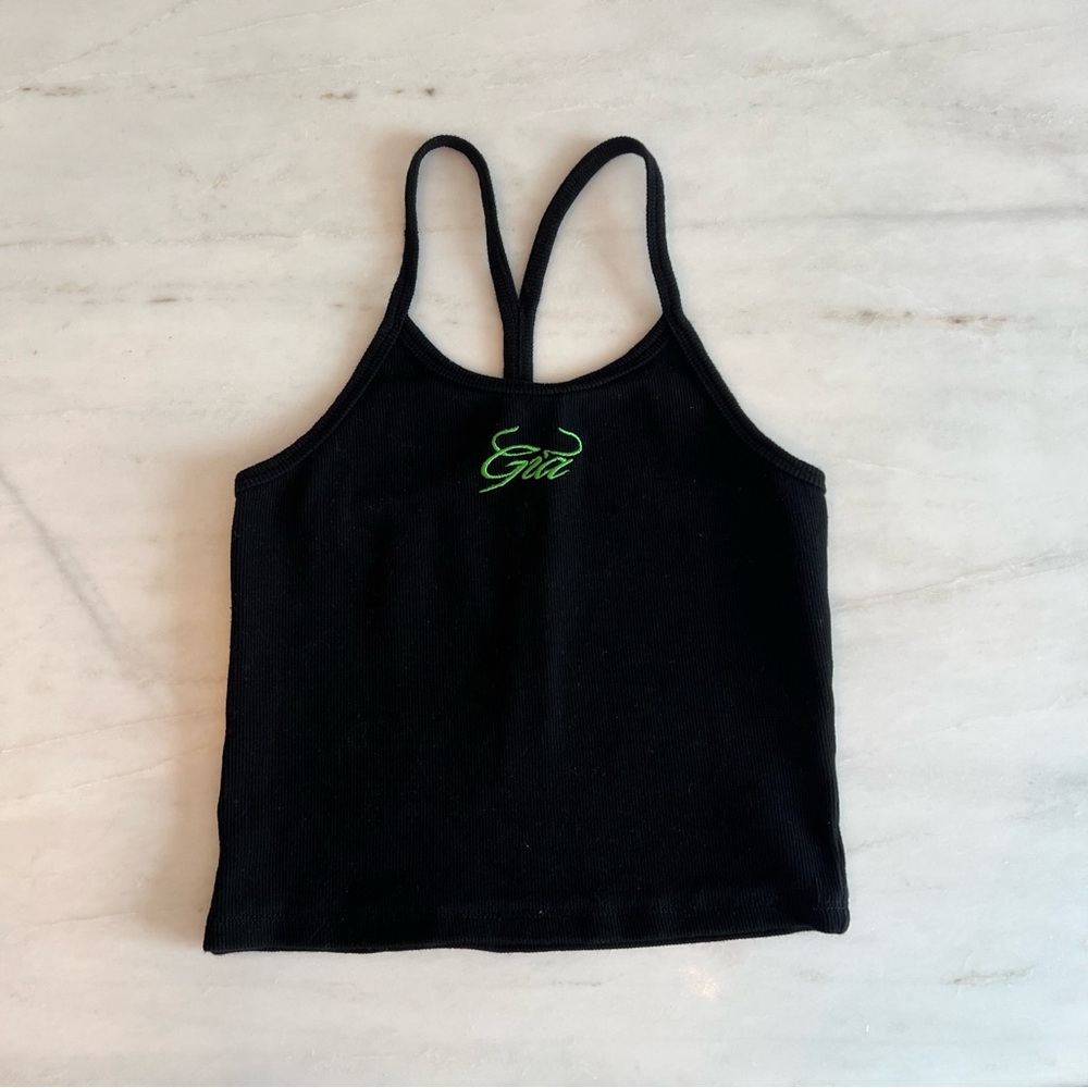 I.AM.GIA Black Tank Top with Neon Green Logo